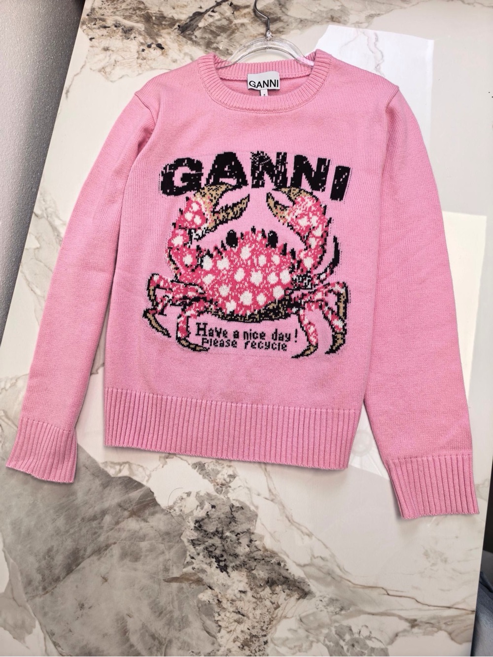 Ganni Pink Crab Intarsia Crewneck Sweater